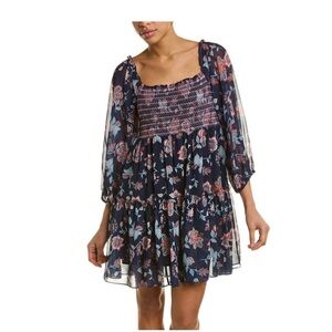 NWT SACHIN + BABI Navy Floral Smocked Bodice Ruffle Hem Mini Dress Size Medium